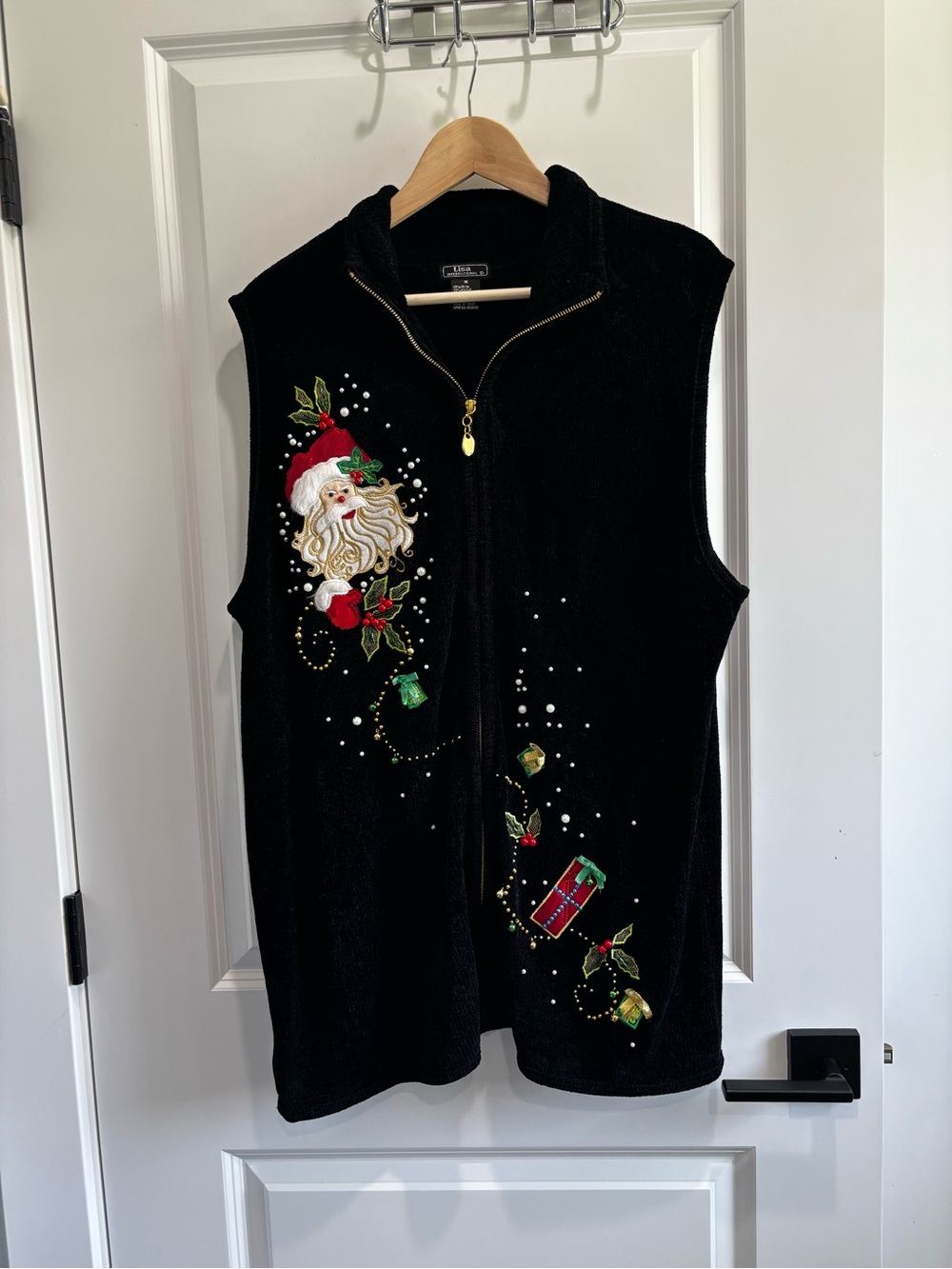 Lisa international Black Zip-Up Holiday Vest with Santa Embroidery
